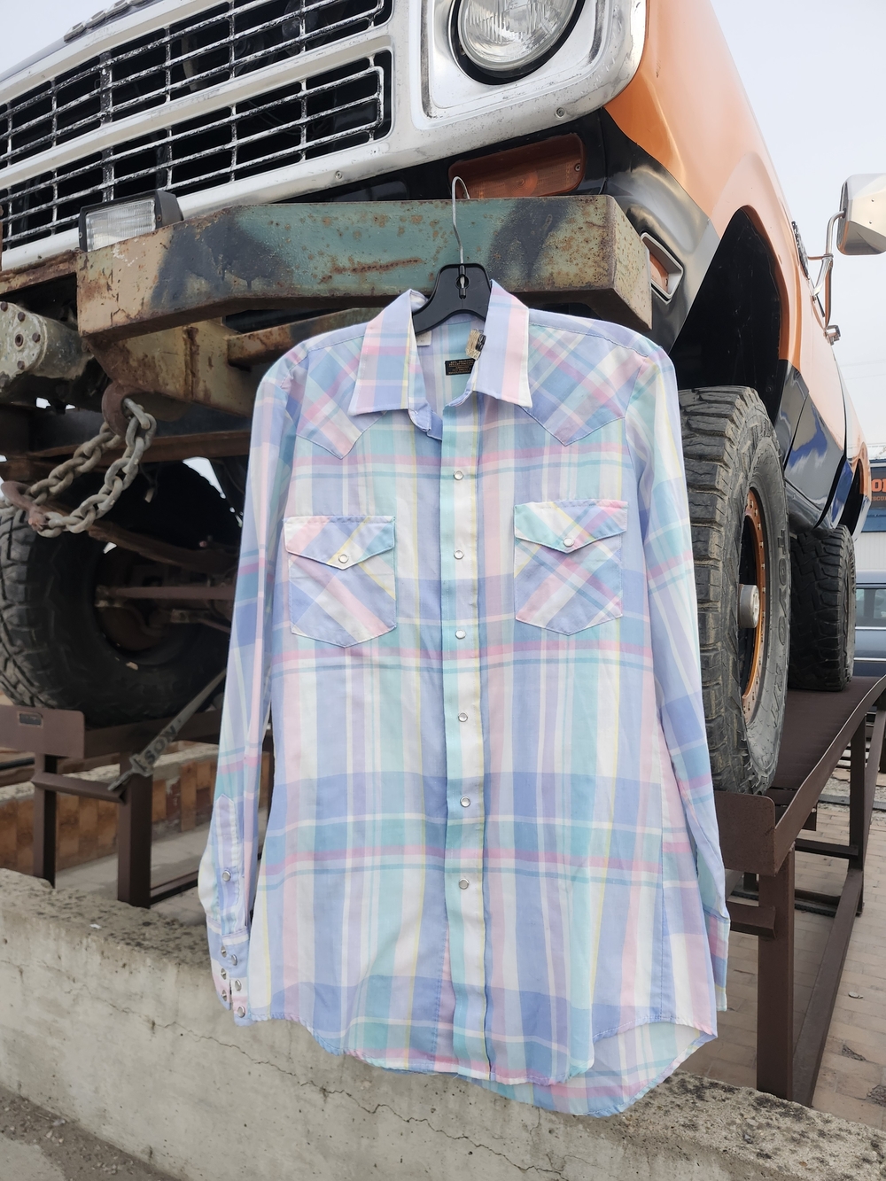 Men's Vintage 70s Pastel Plaid Pearl Snap Shirt - Light Blue/Pink Western Cowboy
